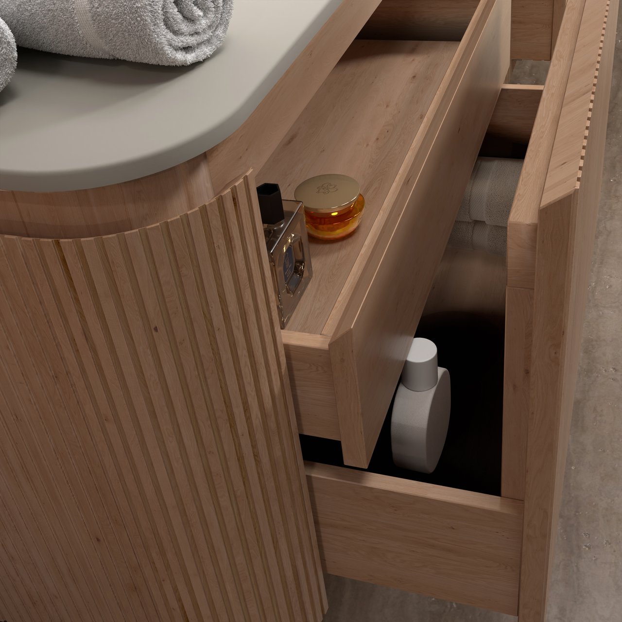 Balmani Moon hängendes Möbelstück Set: 160 x 55 cm, Naturbelassene Eiche, mit Moon Doppelwaschtisch, Top Solid, Seidengrau, Vertikale symmetrische gerade Rippe