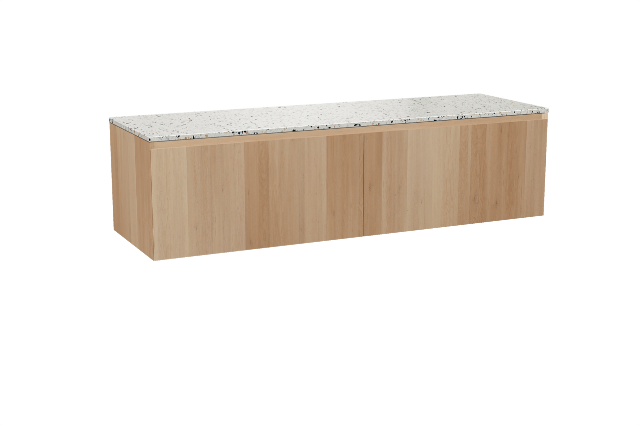 Balmani Idra zwevend badkamermeubel 180 x 55 cm natuur eik met Stretto enkel of dubbel tablet in mat wit/zwart terrazzo