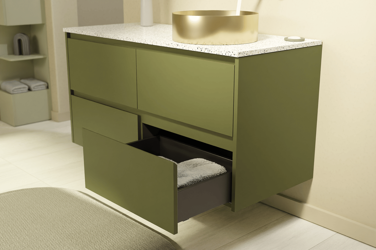 Storke Seda hängender Waschbeckenunterschrank: 150 x 52 cm, Olivgrün, 4 Schubladen