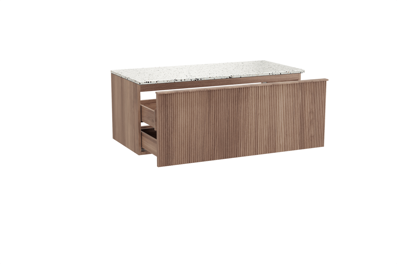 Balmani Forma meuble salle de bains suspendu 120 x 55 cm teck avec Stretto tablette simple ou double en blanc/noir mat terrazzo, Nervure droite symétrique verticale