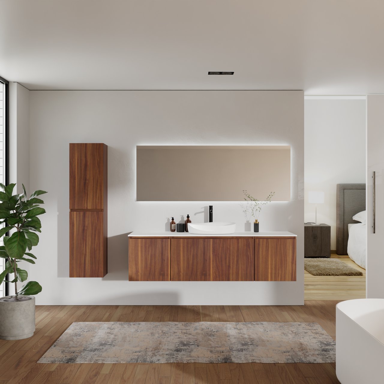 Balmani Sfera meuble salle de bains suspendu 180 x 55 cm noyer américain avec Stretto tablette simple ou double en solid surface blanc mat