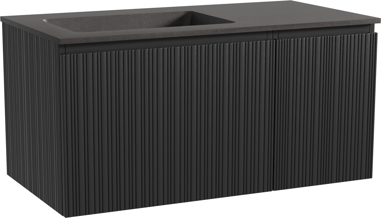 Storke Ribs zwevend badmeubel 100 x 52 cm zwart eiken met Scuro asymmetrisch linkse wastafel in kwarts mat zwart, Verticale asymmetrische rechte ribbel