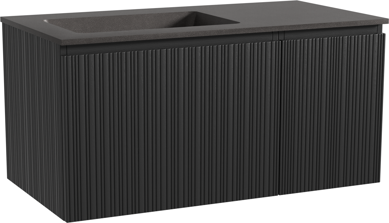 Storke Ribs zwevend badmeubel 100 x 52 cm zwart eiken met Scuro asymmetrisch linkse wastafel in kwarts mat zwart, Verticale asymmetrische rechte ribbel
