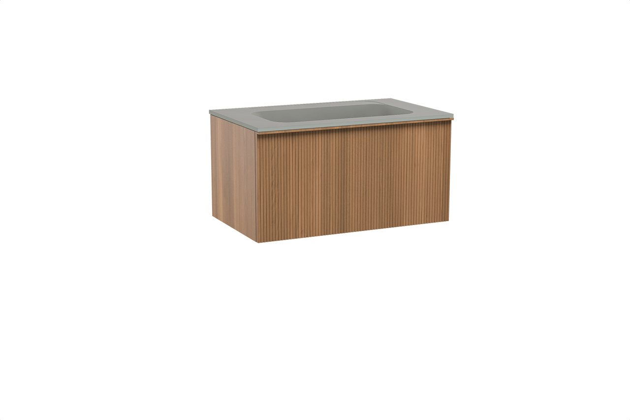 Balmani Forma zwevend badkamermeubel 90 x 55 cm teak met Tablo Strada enkele wastafel in composietmarmer zijdegrijs, Verticale symmetrische rechte ribbel