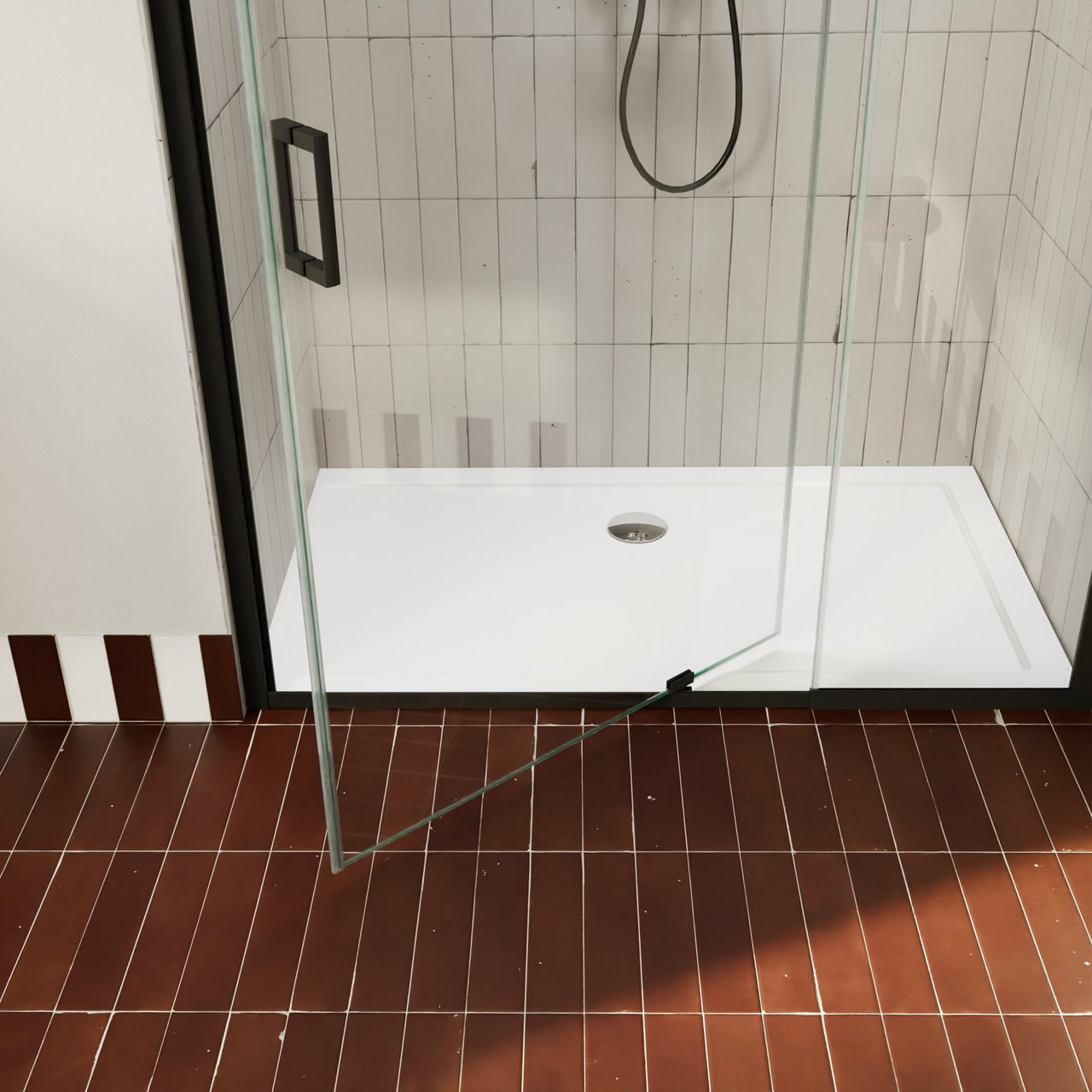 Luca Varess Vidor Telescope Eckdusche: Drehtür und fixierte, Seitenwand, 100 x 90 cm, Klarglas, mattschwarzes Profil