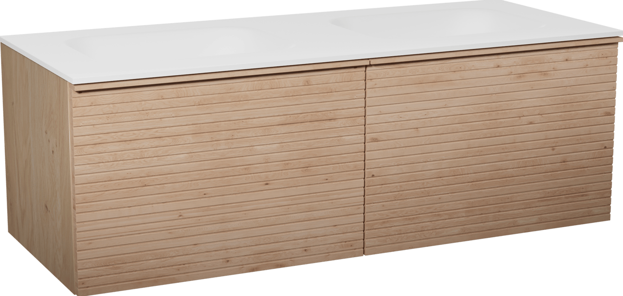Balmani Forma meuble salle de bains suspendu 135 x 55 cm chêne naturel avec Tablo Arcato double vasque en solid surface blanc mat, Nervure droite symétrique horizontale