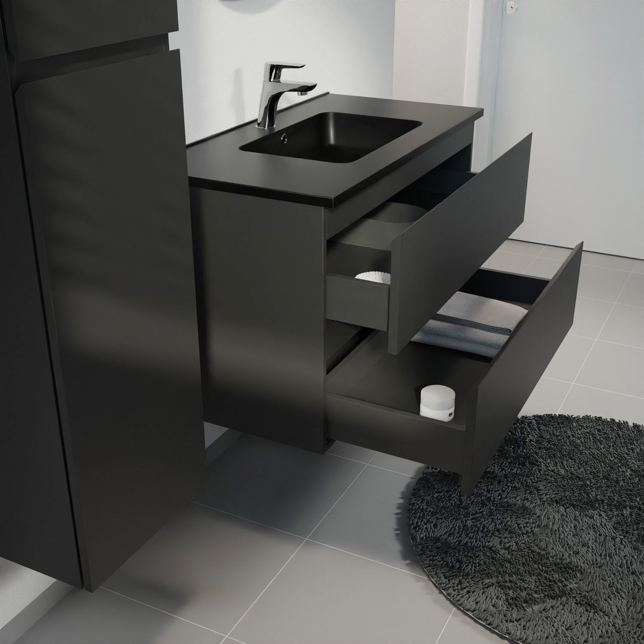 Linie Lado hängendes Möbelstück Set: 90 x 46 cm, Schwarz matt, mit Vano Einzelwaschtisch, Marmorkomposit Schwarz matt