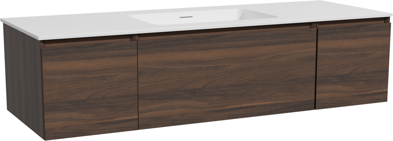 Storke Edge zwevend badmeubel 145 x 52 cm notenhout met Mata enkele wastafel in solid surface mat wit