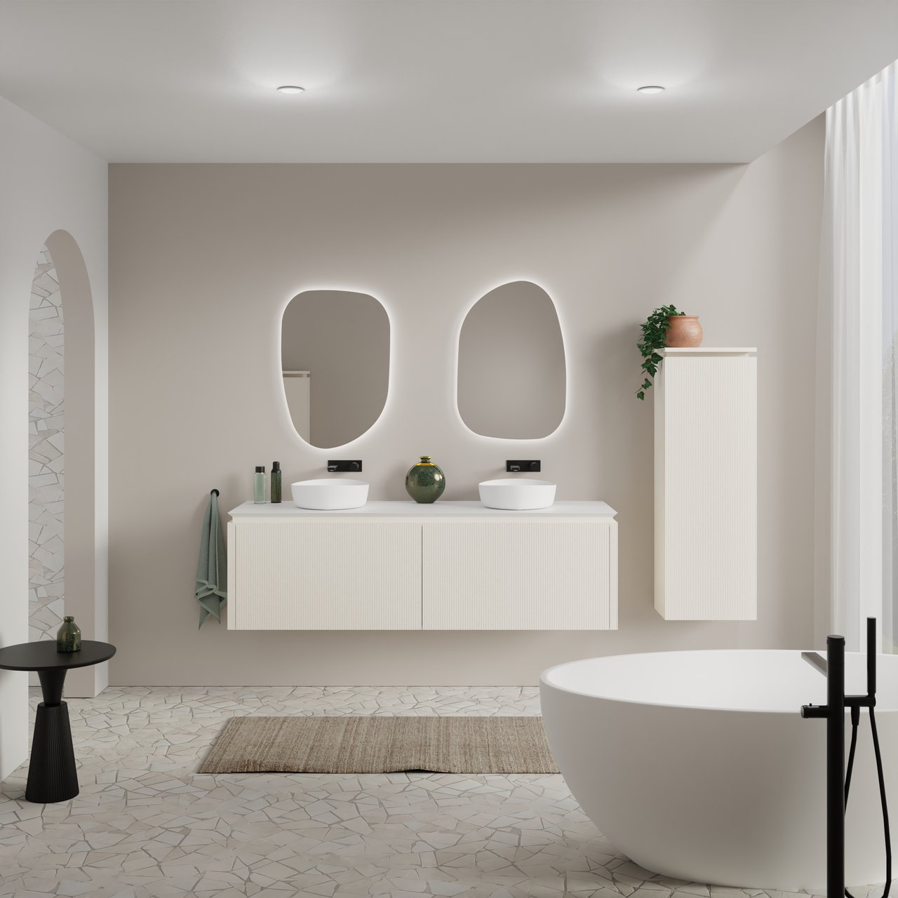 Balmani Eclips meuble salle de bains suspendu 180 x 55 cm Sandbeige avec Eclips tablette simple ou double en Solid Surface blanc mat, Nervure droite symétrique verticale