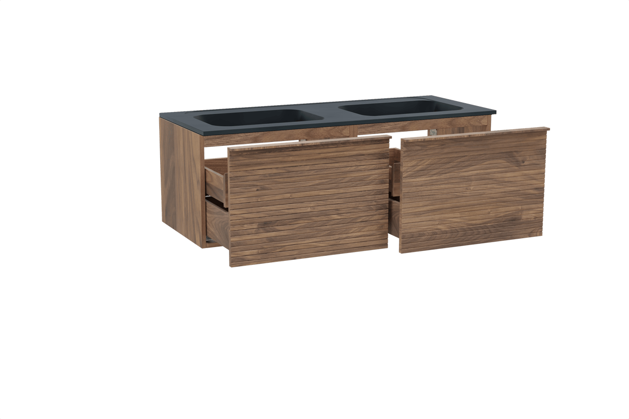 Balmani Forma meuble salle de bains suspendu 135 x 55 cm noyer américain avec Tablo Strada double vasque en marbre composite noir mat, Nervure droite symétrique horizontale