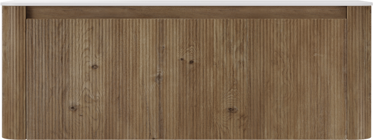 Storke Soft meuble salle de bains suspendu 140 x 46 cm chêne brut avec Tavola Soft tablette simple ou double vasque en Solid Surface blanc mat, Nervure droite symétrique verticale