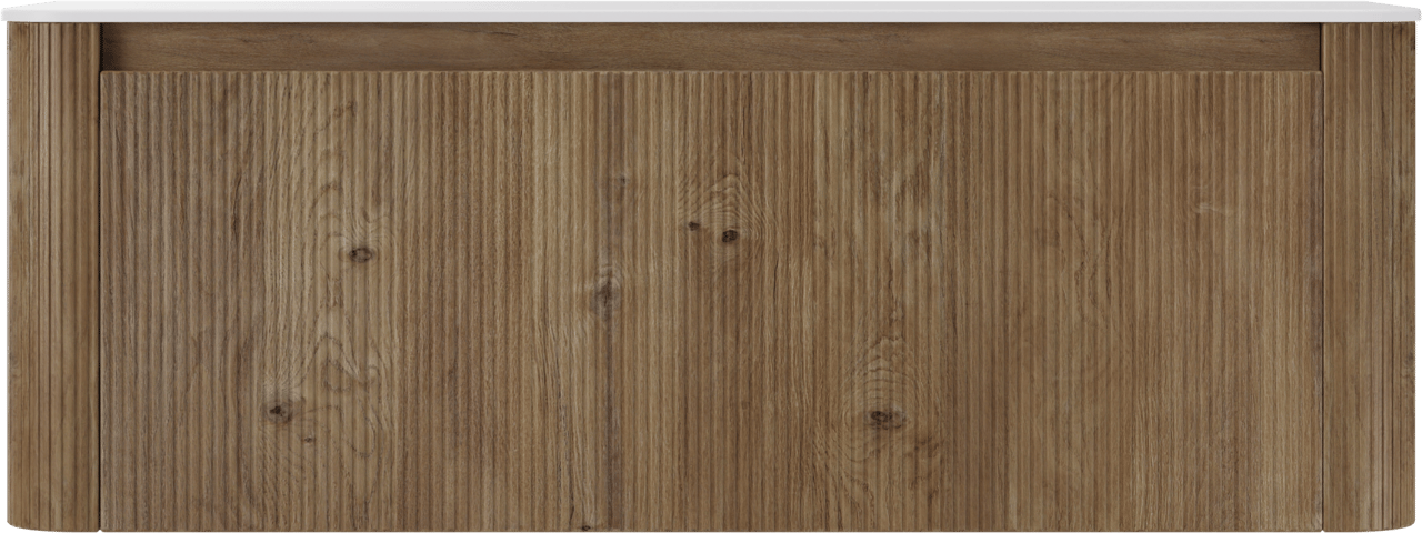 Storke Soft zwevend badkamermeubel 140 x 46 cm ruwe eik met Tavola Soft enkele of dubbele tablet in solid surface mat wit, Verticale symmetrische rechte ribbel