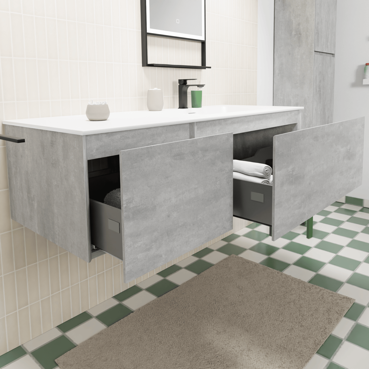 Storke Edge zwevend badkamermeubel 130 x 52 cm beton donkergrijs met Mata asymmetrisch rechtse wastafel in solid surface mat wit