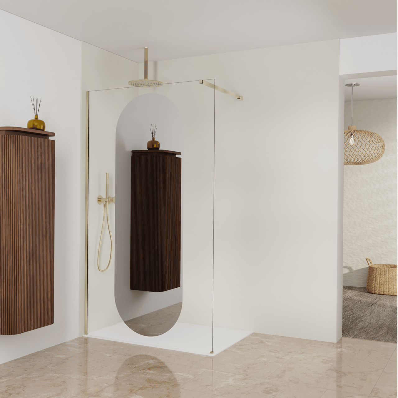 Balmani Modular Walk-In Dusche: 120 x 200 cm, Reflex-Spiegelglas Oval, Profil Brushed Champagne Gold