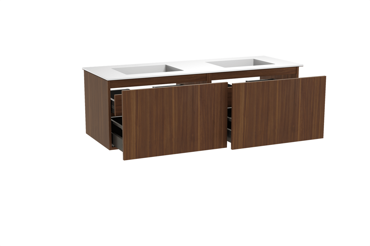 Balmani Sfera meuble salle de bains suspendu 150 x 55 cm noyer américain avec Tablo Stretto double vasque en solid surface blanc mat