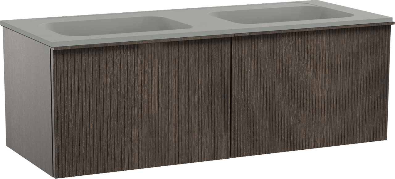 Balmani Forma zwevend badkamermeubel 135 x 55 cm gerookte eik met Tablo Strada dubbele wastafel in composietmarmer zijdegrijs, Verticale symmetrische rechte ribbel