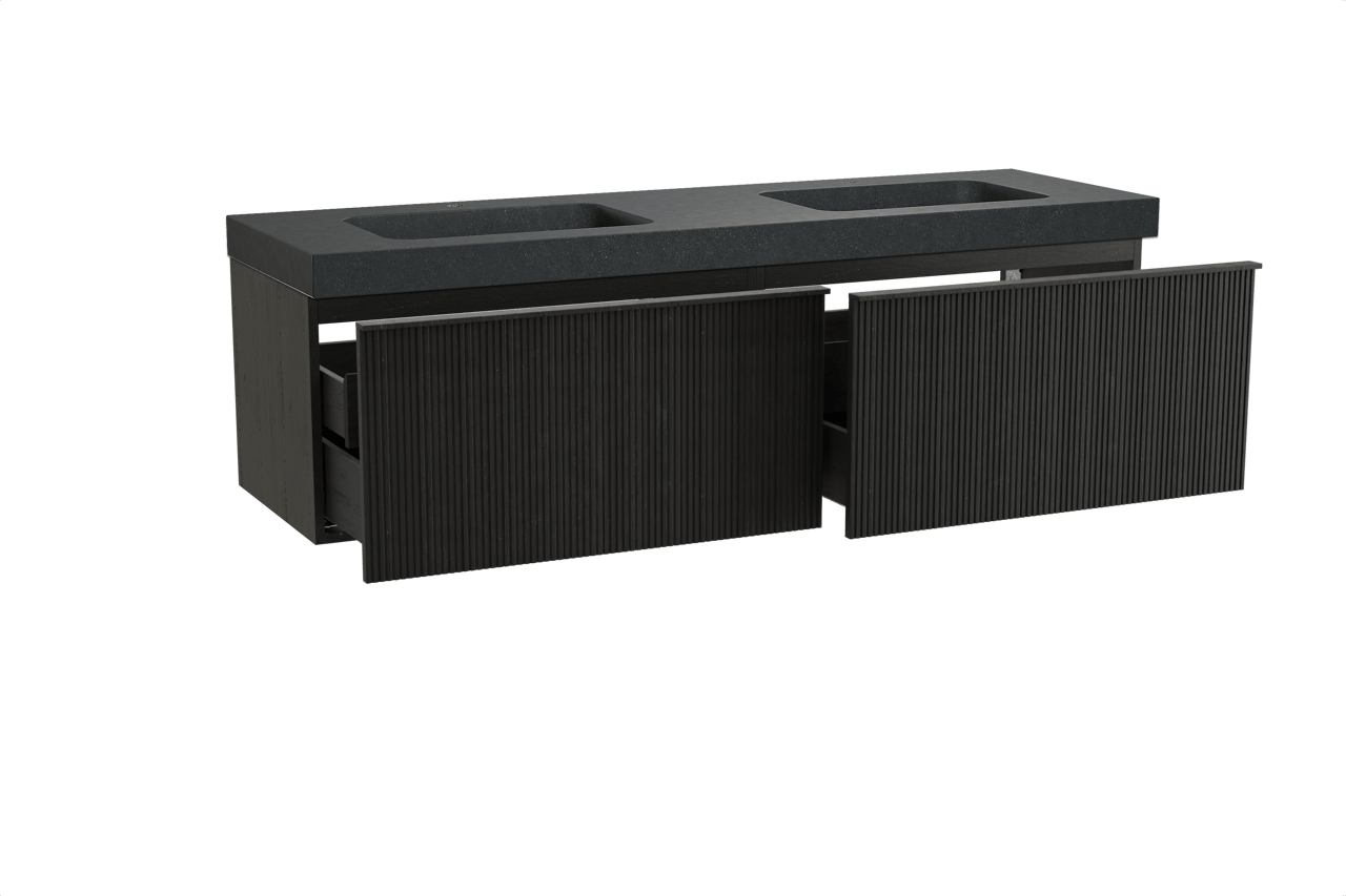 Balmani Forma hängendes Möbelstück Set: 180 x 55 cm, Schwarze Eiche, mit Napoli Doppelwaschtisch, Granit, Schwarzes Granit, Vertikale symmetrische gerade Rippe