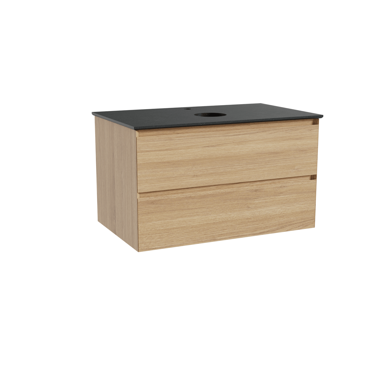 Balmani Mitra hängendes Möbelstück Set: 90 x 55 cm, Naturbelassene Eiche, mit Facetta Einzel Waschtischplatte, Schwarzes Granit