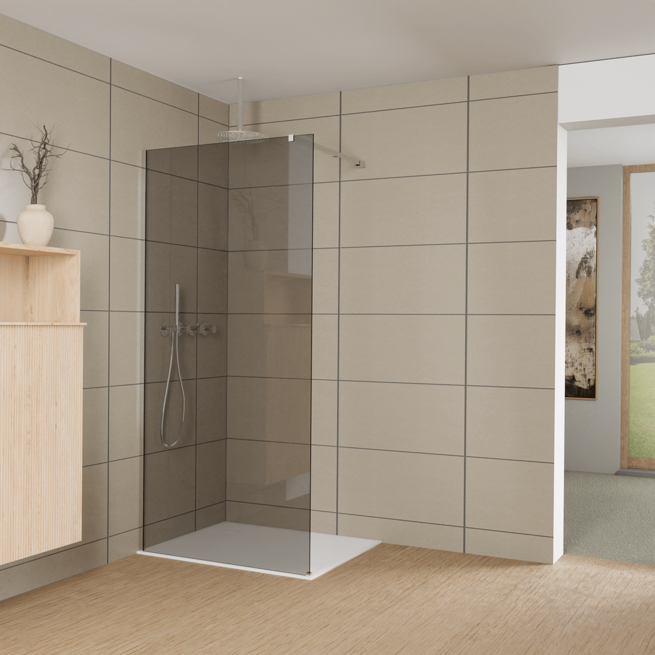 Balmani Modular inloopdouche: 100 x 200 cm, Rookglas met coating, Glanzend chroom profielen
