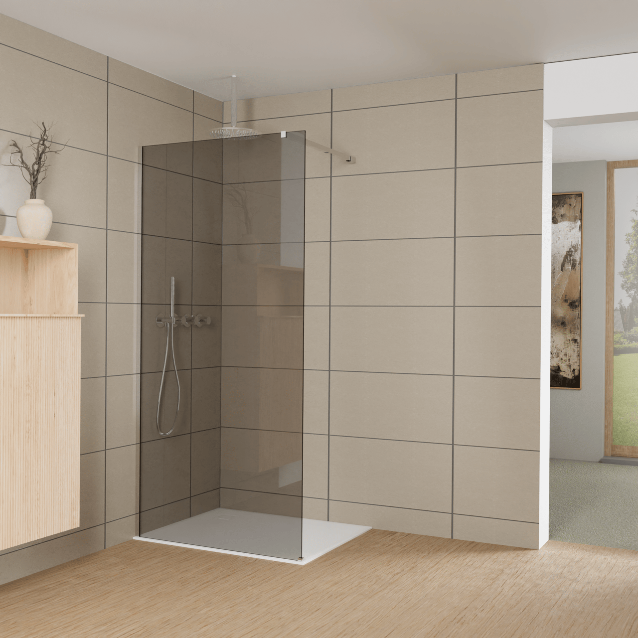 Balmani Modular inloopdouche: 100 x 200 cm, Rookglas met coating, Glanzend chroom profielen