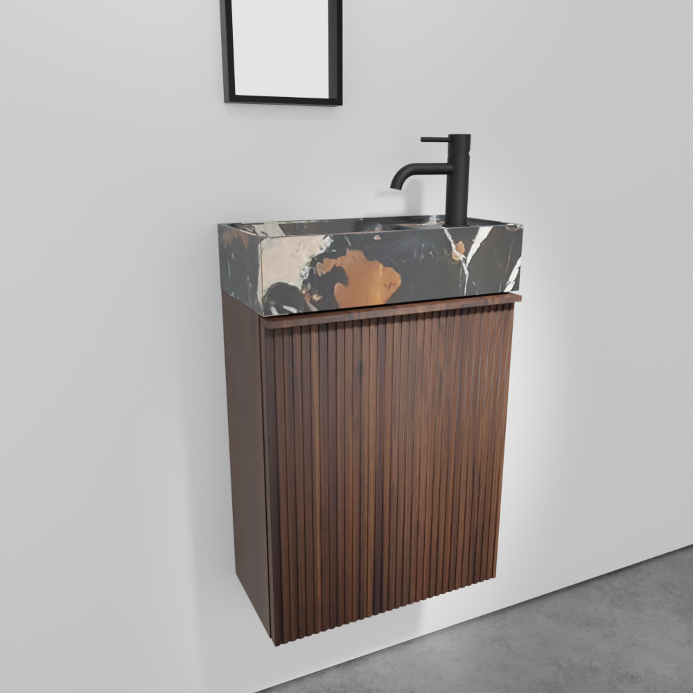 Balmani Forma zwevend toiletmeubel 42 x 21 cm amerikaans notenhout met Dama wastafel in Portoro Gold marmer