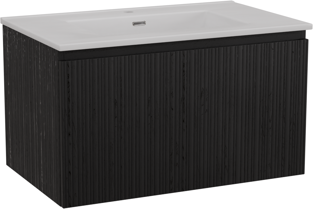 Storke Ribs zwevend badkamermeubel 85 x 52 cm zwarte eik met Kera enkele wastafel in porselein mat wit