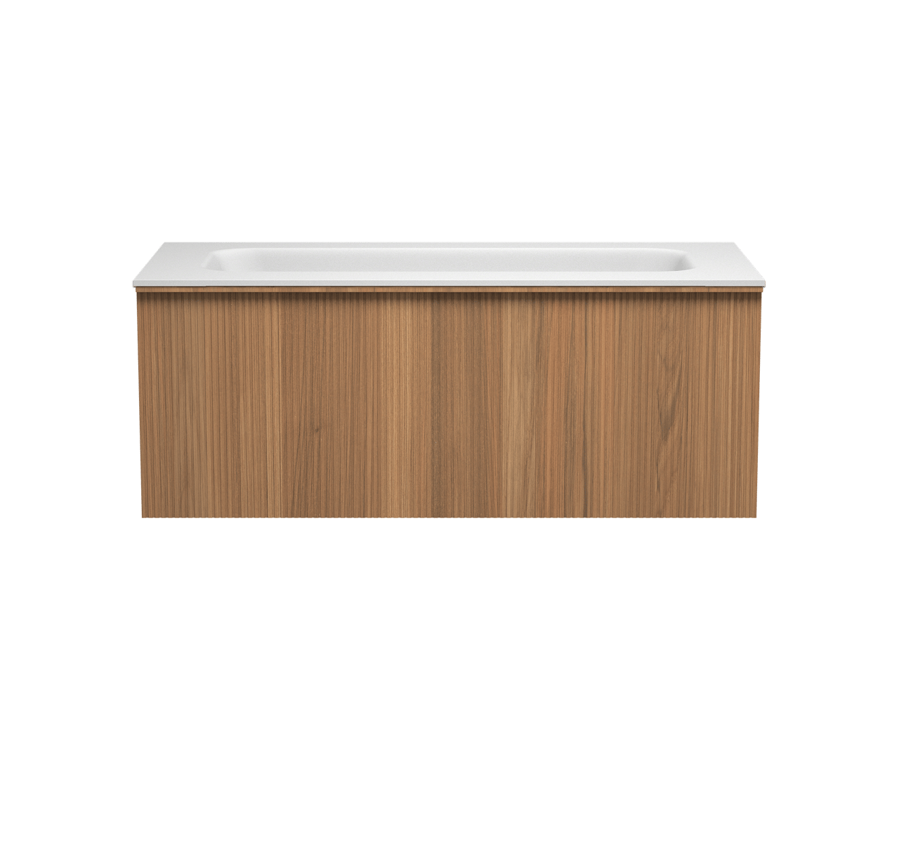 Balmani Forma zwevend badmeubel 120 x 55 cm teakhout met Tablo Arcato enkele wastafel voor 2 kraangaten in solid surface mat wit, Verticale symmetrische rechte ribbel