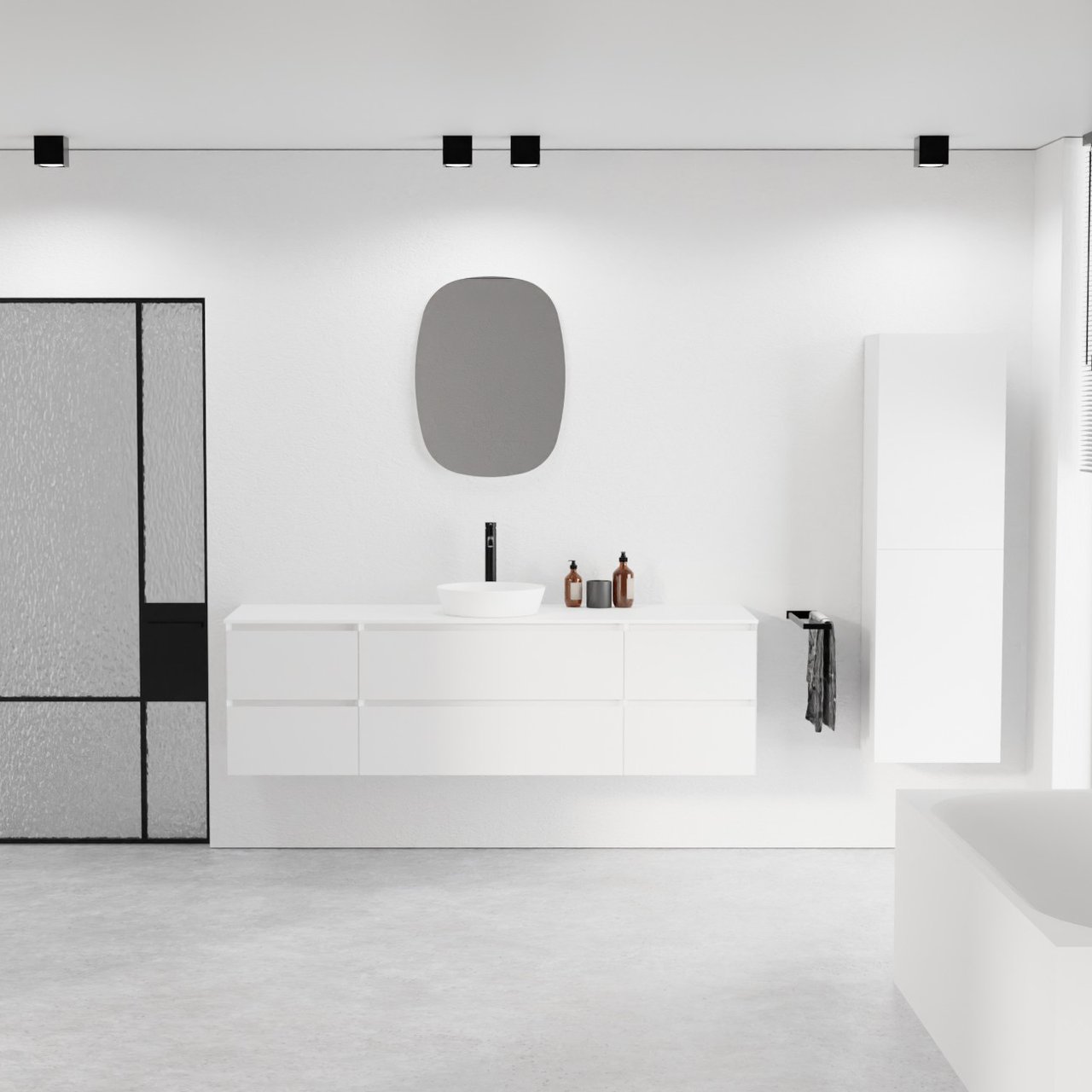 Balmani Mitra meuble salle de bains suspendu 180 x 55 cm blanc mat avec Stretto tablette simple ou double en solid surface blanc mat