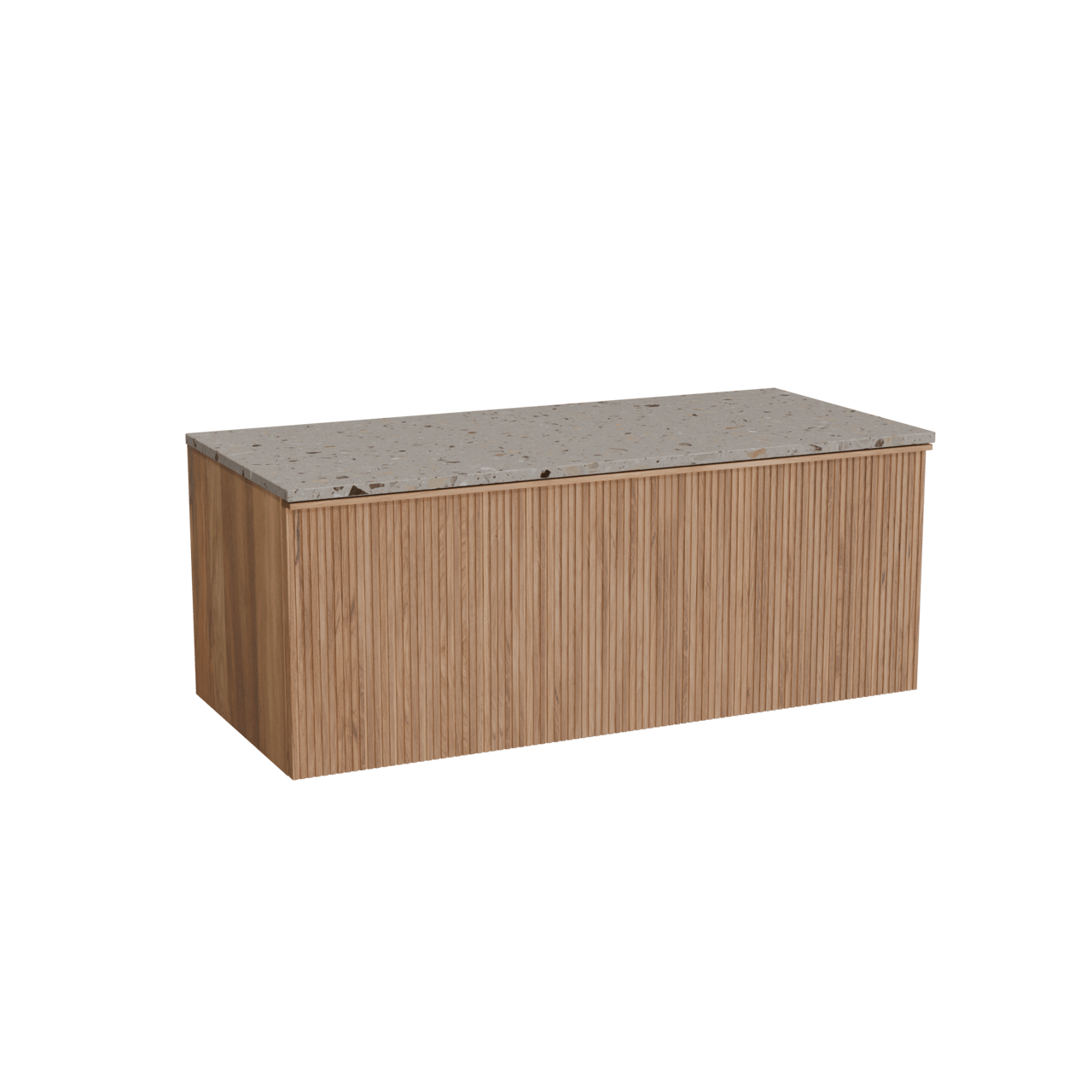 Balmani Forma hängendes Möbelstück Set: 120 x 55 cm, Teak, mit Stretto Einzel- oder Doppel Waschtischplatte, Terrazzo in Greige, Vertikale symmetrische gerade Rippe