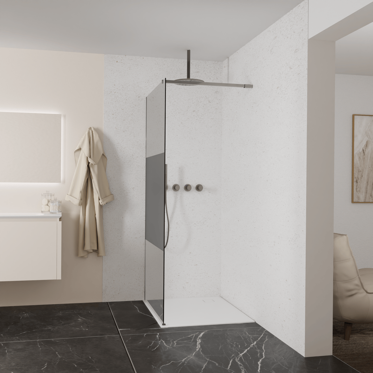 Balmani Modular douche à l'italienne: 100 x 200 cm, Verre fumé avec bande matte, Profil Brushed GunMetal