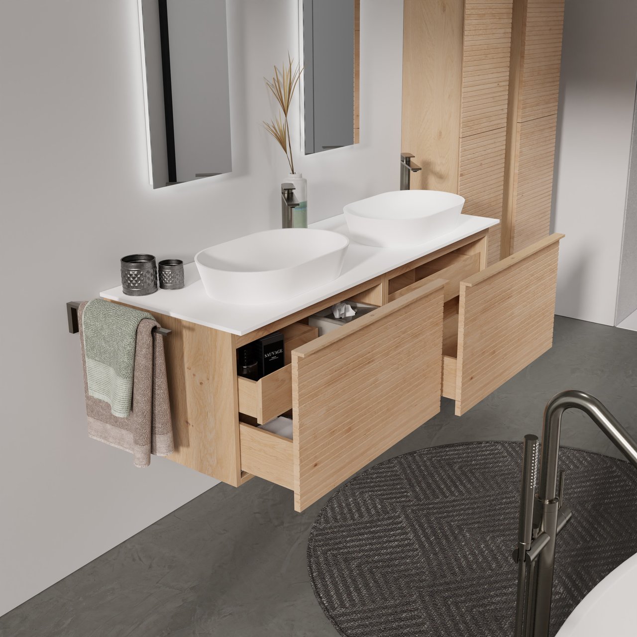 Balmani Forma hängendes Möbelstück Set: 150 x 55 cm, Naturbelassene Eiche, mit Stretto Einzel- oder Doppel Waschtischplatte, Solid Surface, Weiß matt, Horizontale symmetrische gerade Rippe