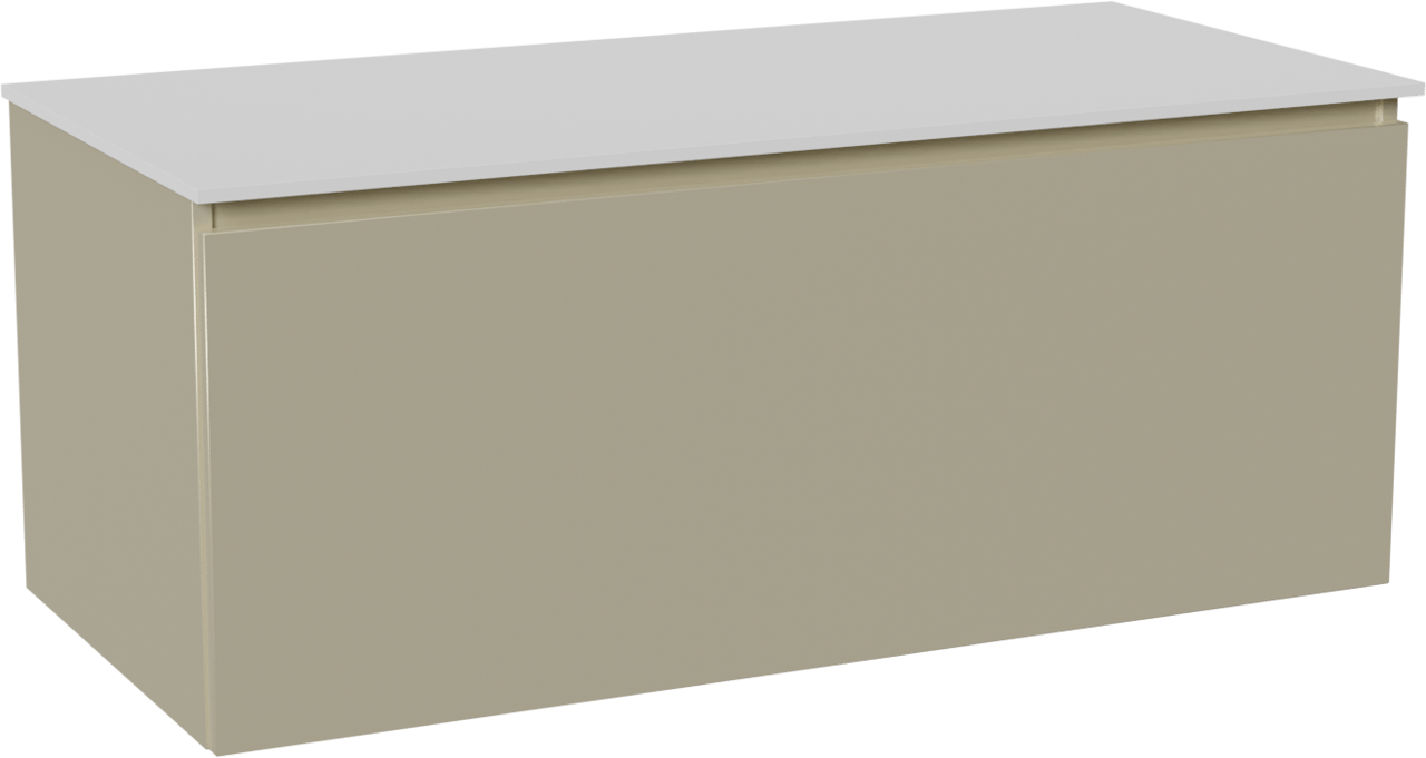 Balmani Sfera hängendes Möbelstück Set: 120 x 55 cm, Dune, mit Stretto Einzel- oder Doppel Waschtischplatte, Solid Surface Weiß matt