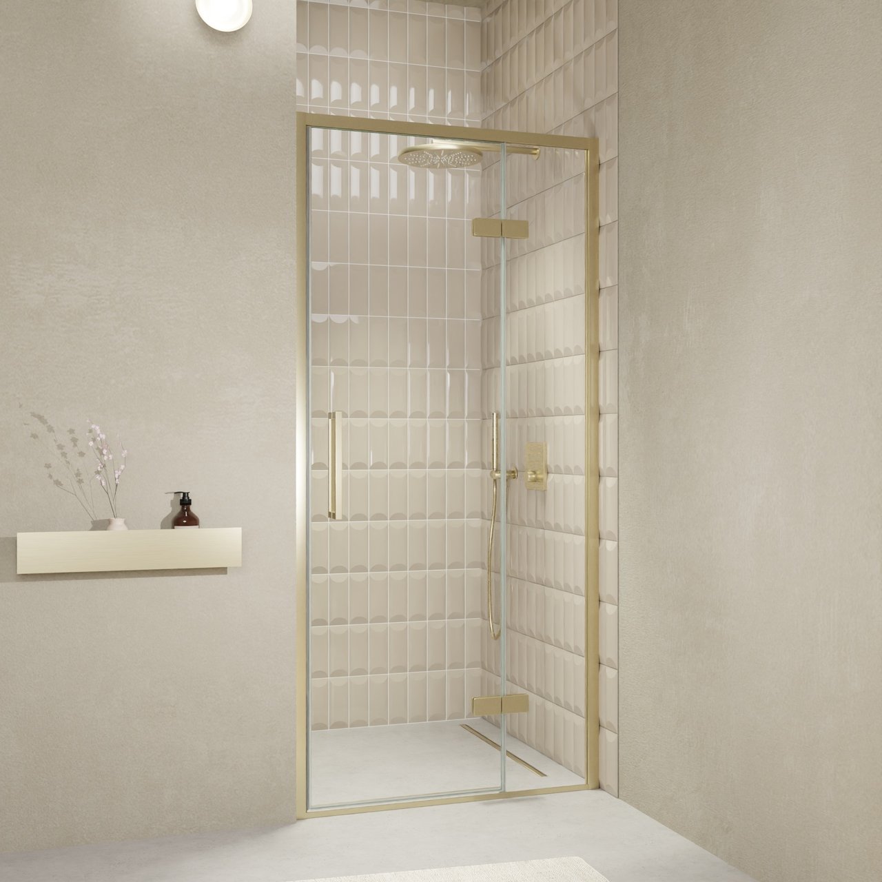 Balmani Senses Design douche draaideur rechts 100 cm x 210 cm Helder glas, Brushed Champagne Gold profielen
