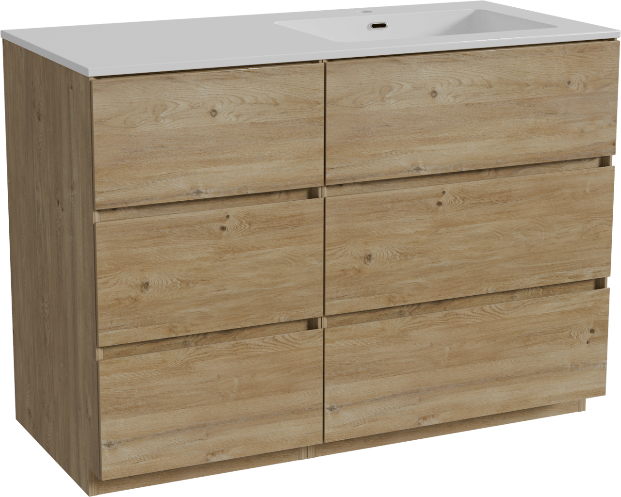 Storke Edge meuble salle de bains à poser 110 x 52 cm chêne brut avec Diva plan vasque asymétrique à droite en marbre composite blanc brillant