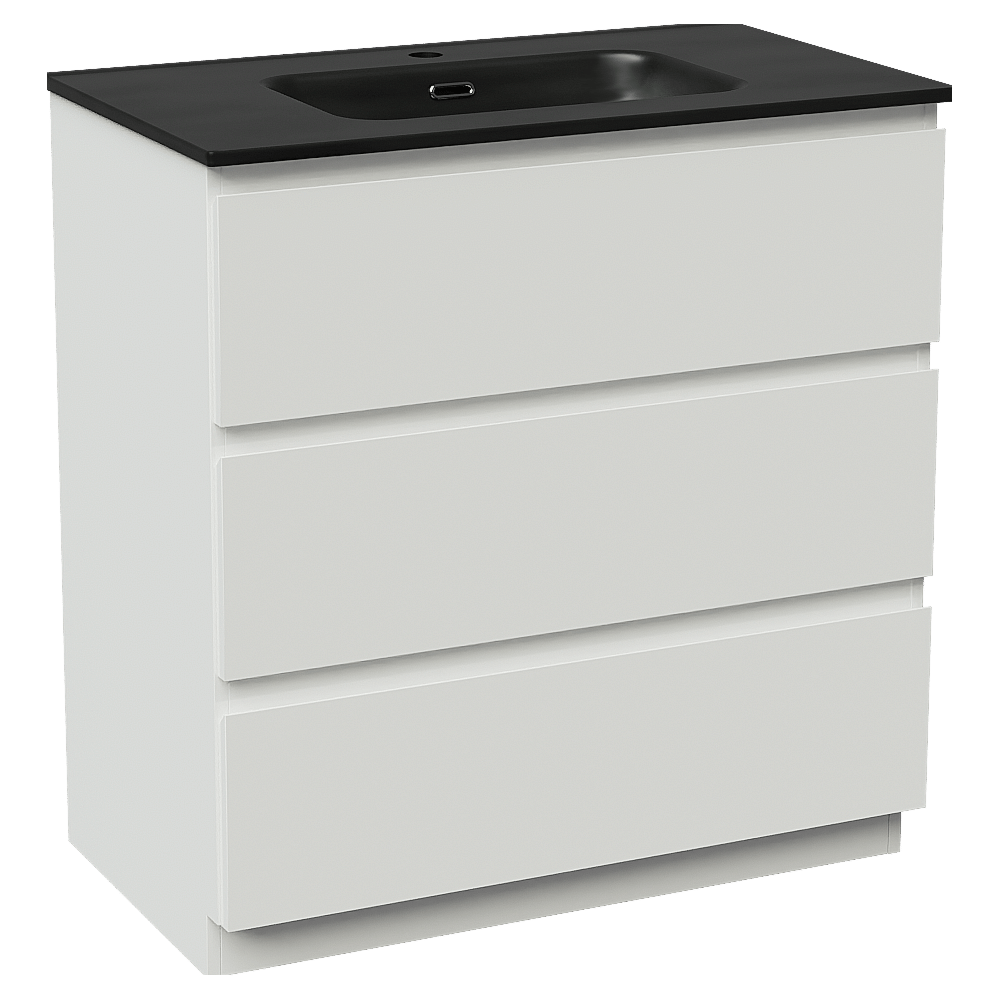 Linie Lado freistehendes Möbelstück Set: 80 x 46 cm, Weiß matt, mit Baro Einzelwaschtisch, Porzellan Schwarz matt