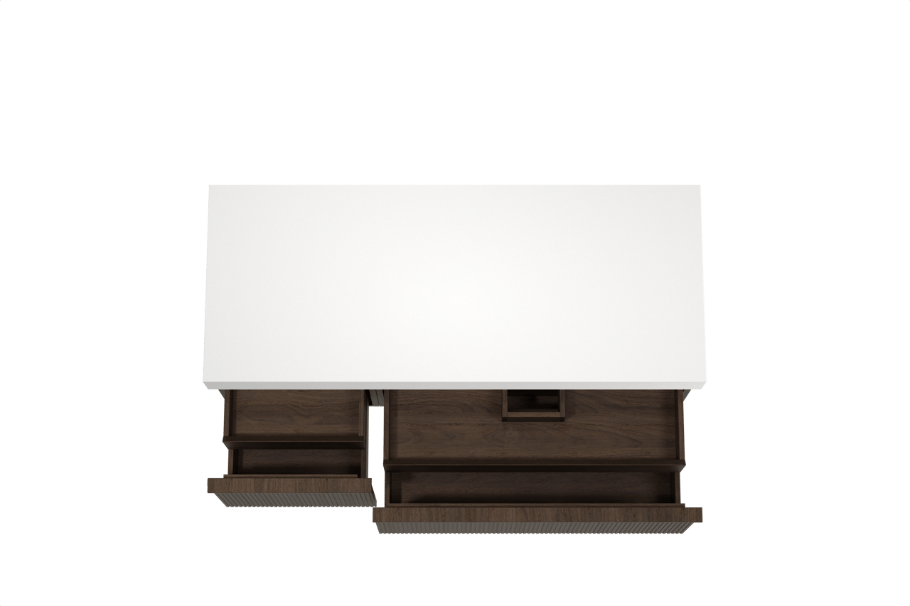 Balmani Forma meuble salle de bains suspendu 135 x 55 cm chêne fumé avec Dominus tablette simple ou double en solid surface blanc mat, Nervure droite symétrique verticale
