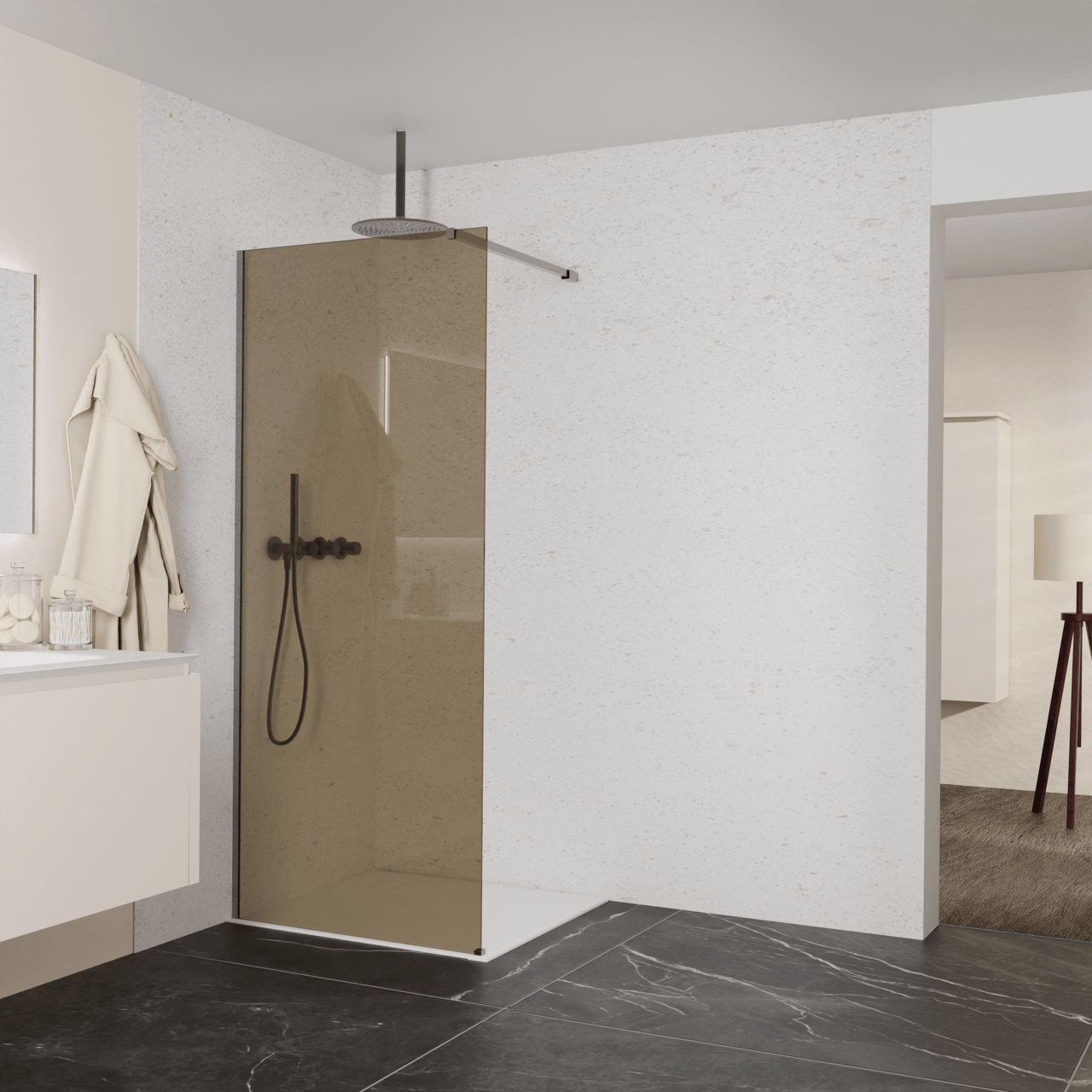 Balmani Modular Walk-In Dusche: 90 x 200 cm, Bronze Glas, inklusive Coating, Profil Brushed GunMetal