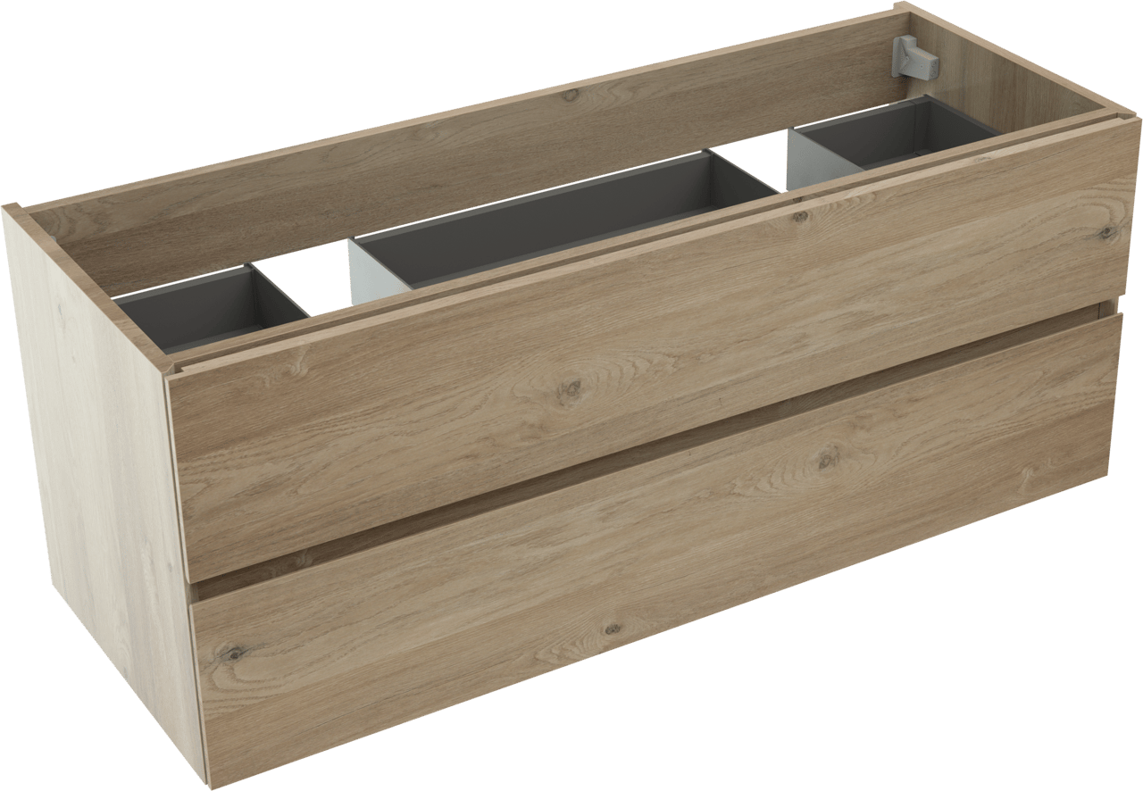 Storke Edge hängender Waschbeckenunterschrank: 120 x 46 cm, Eiche rustikal, 2 Schubladen, 2 Siphonaussparungen