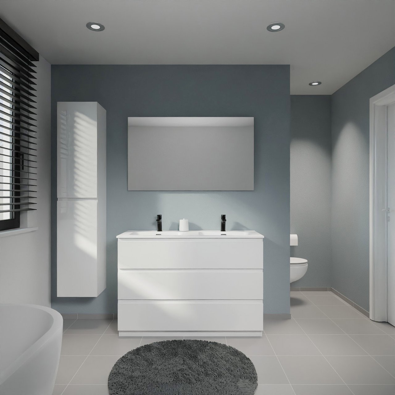 Linie Lado meuble salle de bains à poser 120 x 46 cm blanc brillant avec Baro double vasque en porcelaine blanc mat