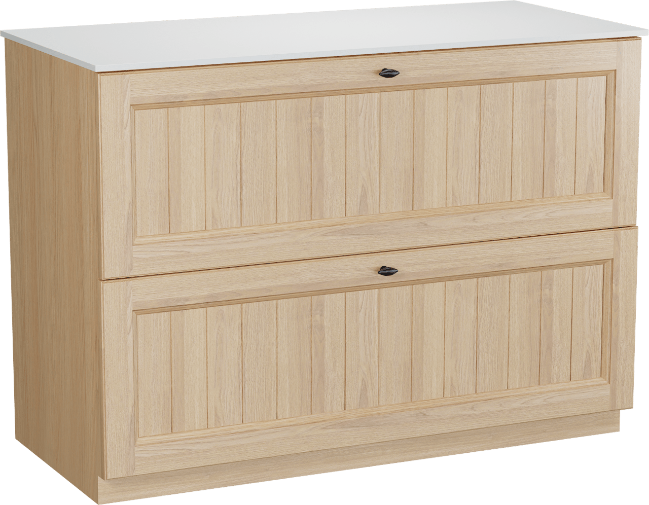 Balmani Lemon freistehendes Möbelstück Set: 120 x 55 cm, Naturbelassene Eiche Furnier, mit Stretto Einzel- oder Doppel Waschtischplatte, Weiß matt