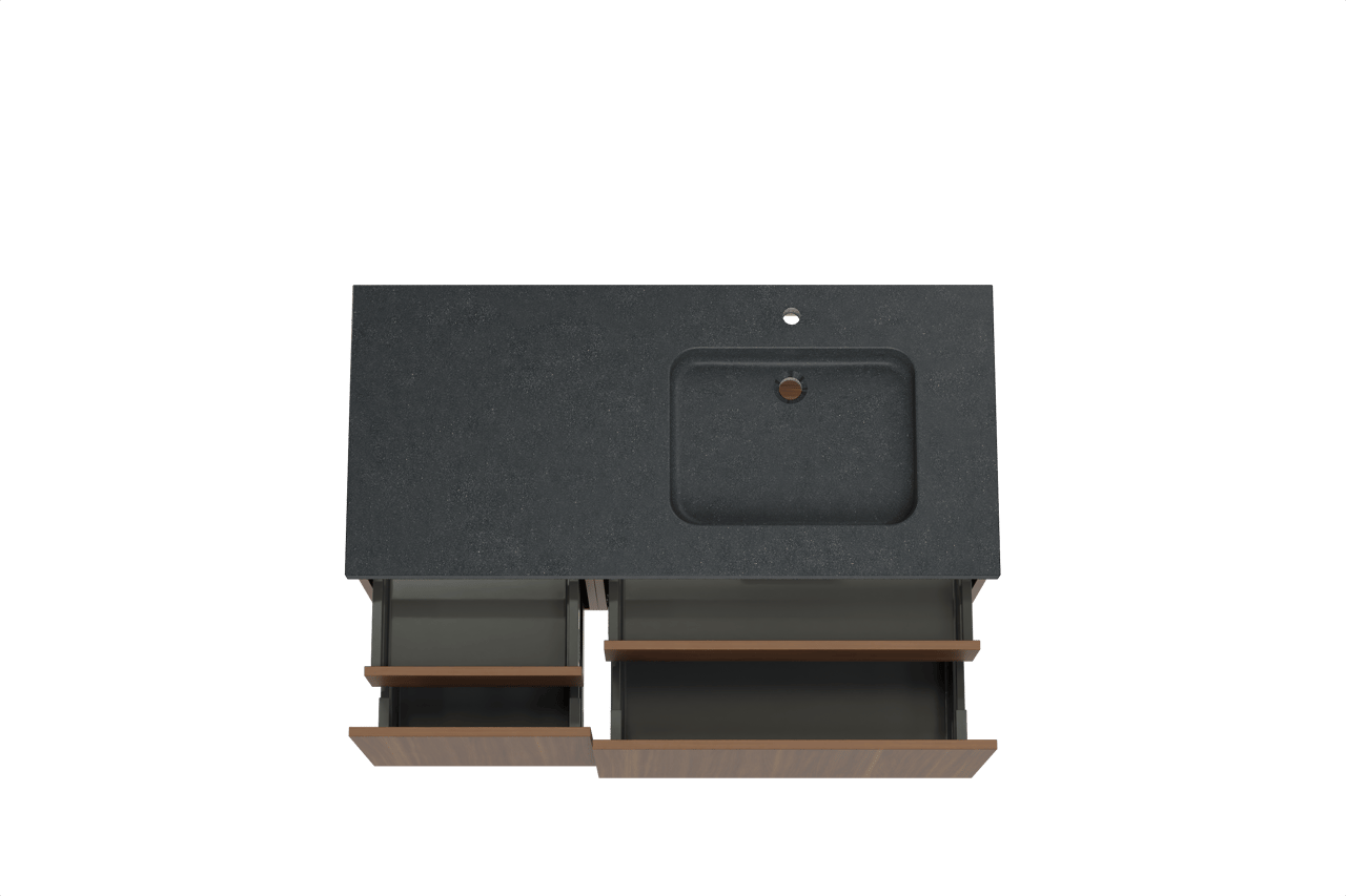 Balmani Sfera hängendes Möbelstück Set: 120 x 55 cm, Amerikanischer Nussbaum, mit Napoli Waschtisch rechts, Schwarzes Granit