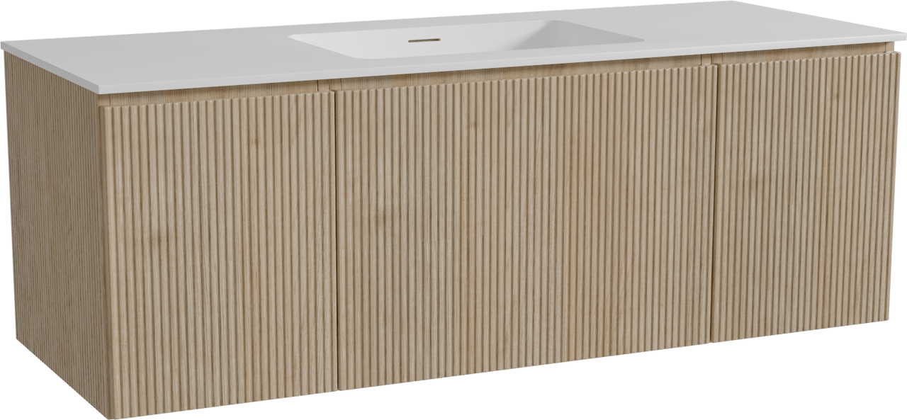 Storke Ribs zwevend badmeubel 135 x 52 cm ruw eiken met Mata enkele wastafel in solid surface mat wit, Verticale symmetrische rechte ribbel
