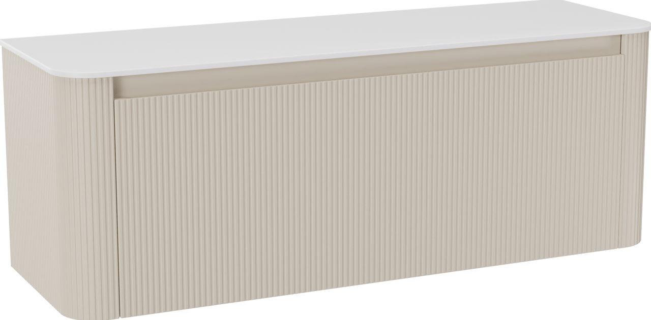 Storke Soft meuble salle de bains suspendu 140 x 46 cm Sand mat avec Tavola Soft tablette simple ou double vasque en Solid Surface blanc mat, Nervure droite symétrique verticale