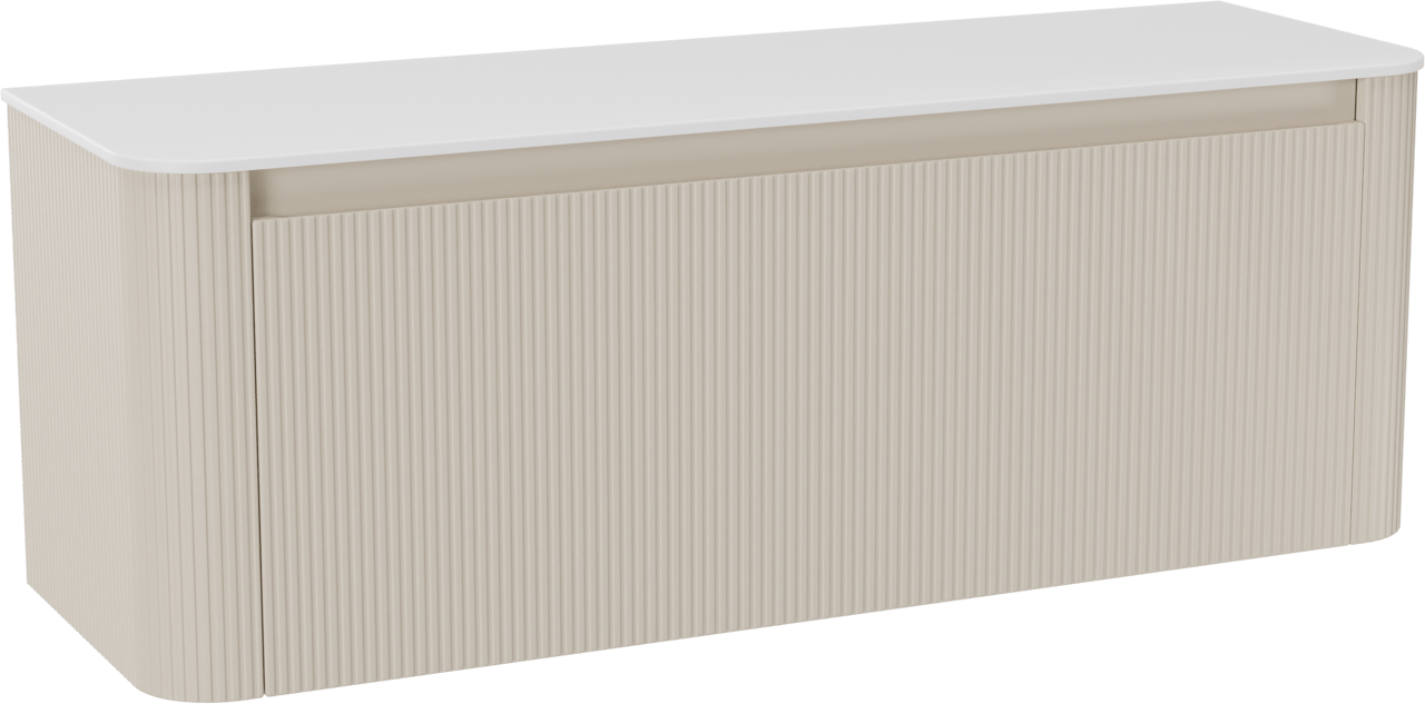 Storke Soft meuble salle de bains suspendu 140 x 46 cm Sand mat avec Tavola Soft tablette simple ou double vasque en Solid Surface blanc mat, Nervure droite symétrique verticale