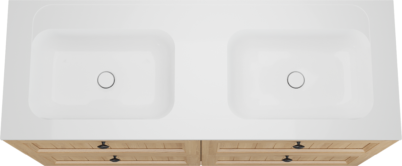 Balmani Lemon staand badkamermeubel 150 x 55 cm, fineer natuur eik met Tablo Strada dubbele wastafel in glanzend wit