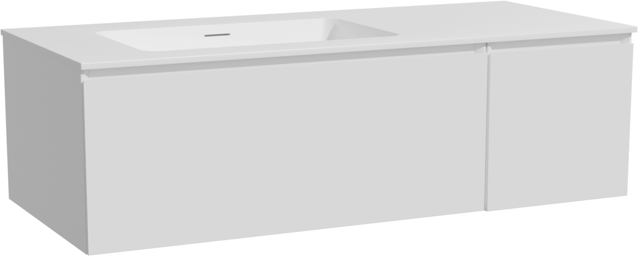 Storke Edge hängendes Möbelstück Set: 120 x 52 cm, Weiß matt, mit Mata Waschtisch links, Solid Surface Weiß matt