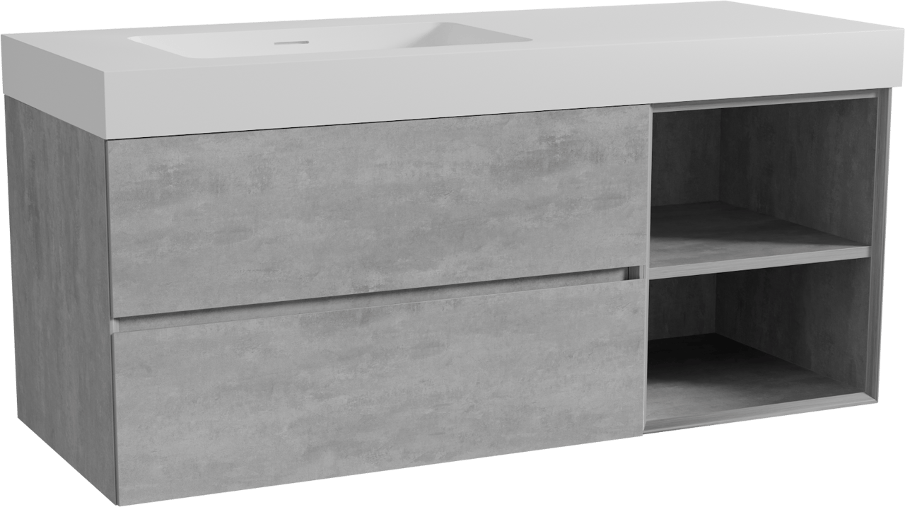 Storke Edge zwevend badkamermeubel 130 x 52 cm beton donkergrijs met Mata High asymmetrisch linkse wastafel in solid surface mat wit