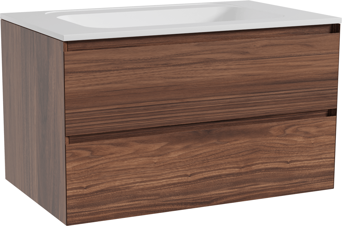 Balmani Mitra zwevend badmeubel 90 x 55 cm notenhout met Tablo Strada enkele wastafel in composietmarmer hoogglans wit