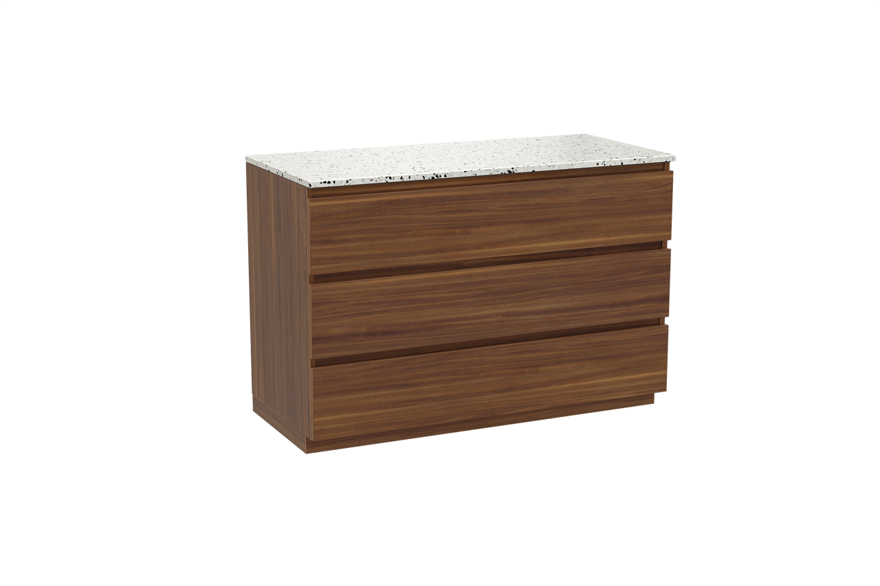 Balmani Lucida staand badkamermeubel 120 x 55 cm amerikaanse notelaar met Stretto enkel of dubbel tablet in mat wit/zwart terrazzo