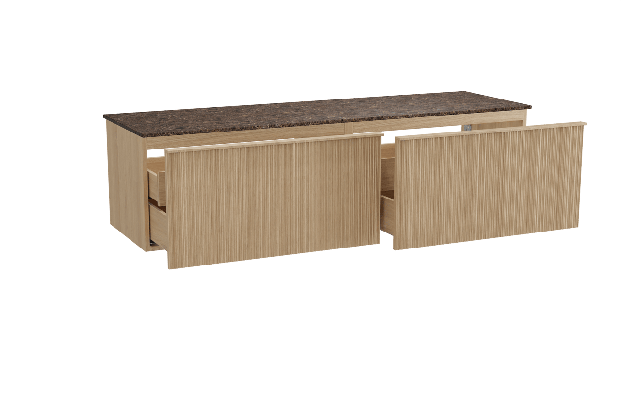 Balmani Forma hängendes Möbelstück Set: 180 x 55 cm, Naturbelassene Eiche, mit Stretto Einzel- oder Doppel Waschtischplatte, Marmor, Dark Emperador, Vertikale asymmetrische Runde Rippe